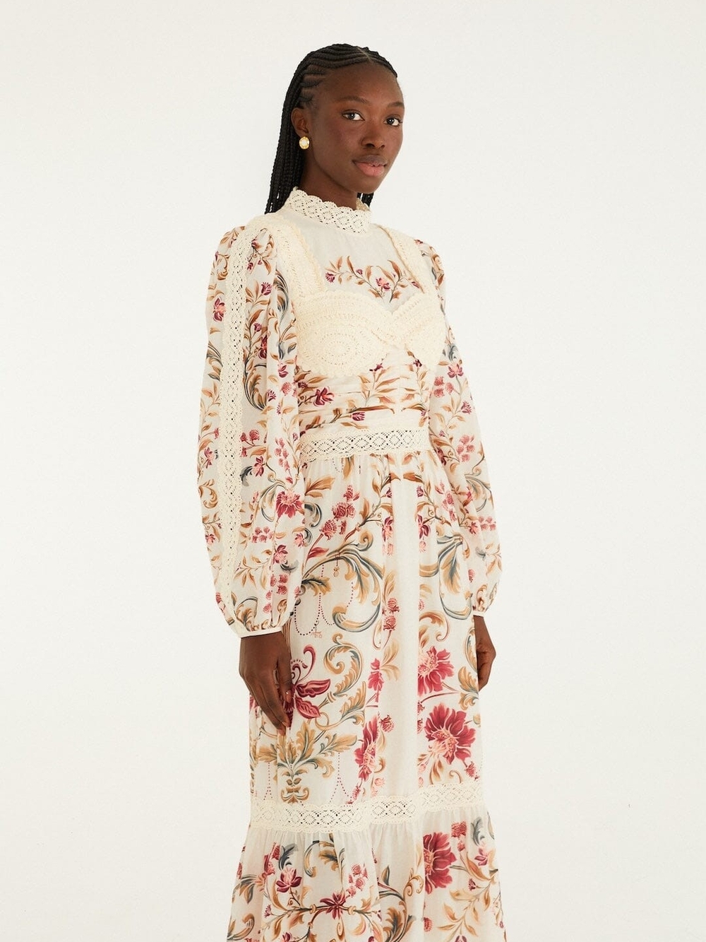 FARM Rio Cream Royal Garden Long Sleeve Crochet Midi Dress